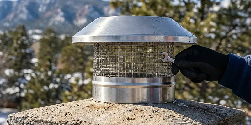 Stainless steel chimney cap and spark arrestor on a concrete crown.