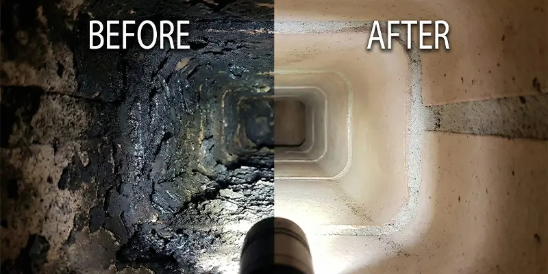Comparison of dirty chimney flue with creosote buildup versus a clean flue after professional sweeping.