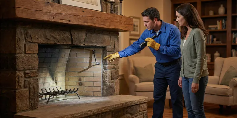 Chimney technician showing a homeowner how to operate the fireplace damper.