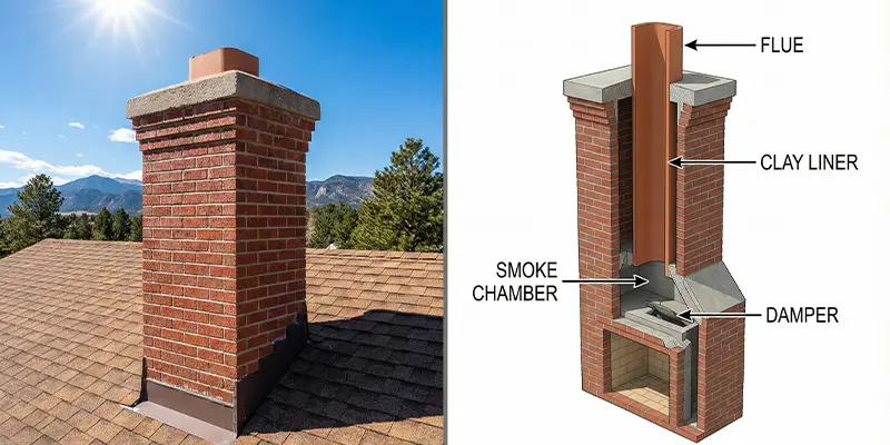 Diagram showing the internal and external parts of a chimney structure.