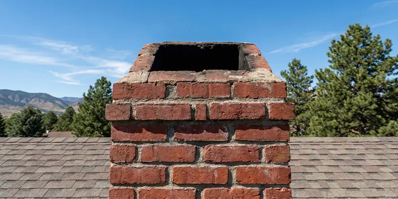 A brick chimney on a roof missing a chimney cap, exposing the flue to rain.
