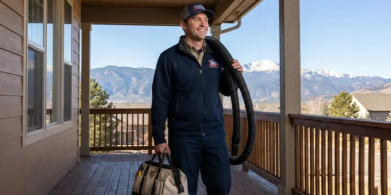 Professional chimney sweep technician arriving at a home in Colorado Springs.
