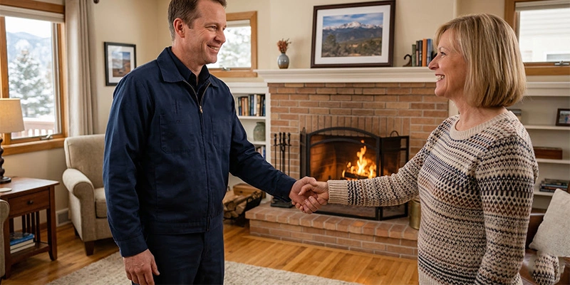 Reliable chimney sweep technician shaking hands with a homeowner.