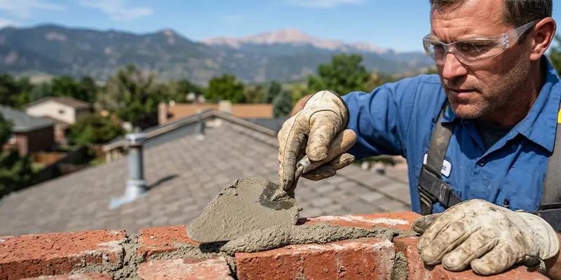 Professional chimney technician using a trowel to repair mortar joints.
