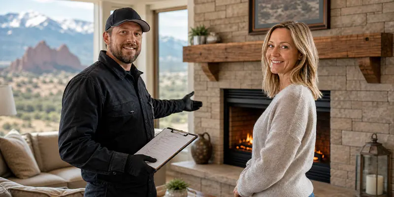Chimney sweep technician reviewing a safety maintenance checklist with a local homeowner.