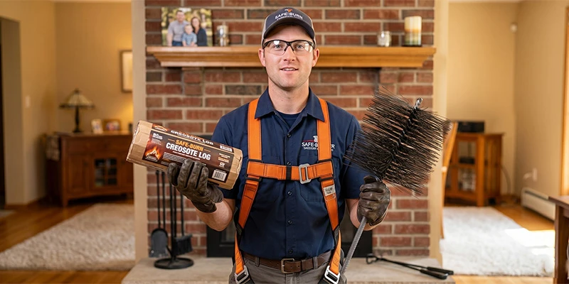 Chimney sweep comparing a sweeping log to a professional chimney brush.